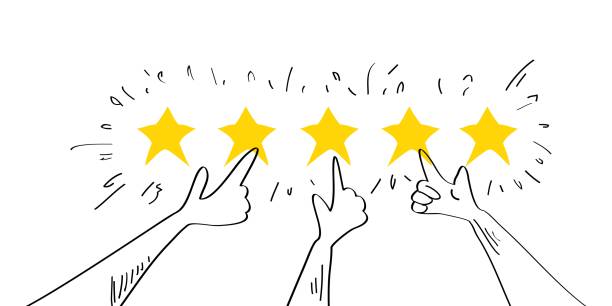 istock Five star rating positive feedback. doodle raise your hand. Hands of satisfied and happy people choose five gold stars that give positive feedback. hand drawn style. vector illustration 1477412399