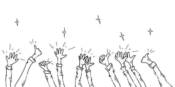 Vector illustration of Doodle hands clapping ovation. applause, thumbs up gesture on hand drawn style. vector illustration