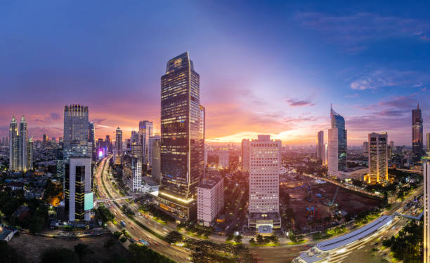 Aerial View of Jakarta City during the golden hour. Sunset in Jakarta, the capital city of indonesia. Jakarta is the largest economy driven in Indonesia. jakarta stock pictures, royalty-free photos & images