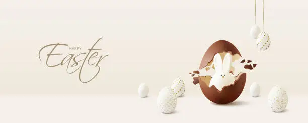 Vector illustration of Happy Easter banner background with Easter eggs and bunny.