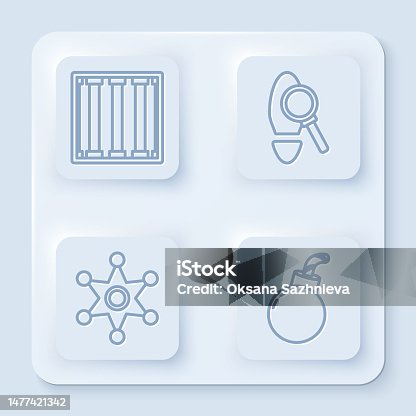 istock Set line Prison window, Magnifying glass with footsteps, Hexagram sheriff and Bomb ready to explode. White square button. Vector 1477421342