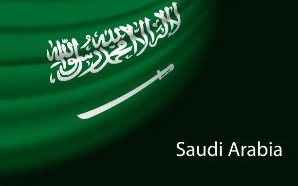 Vector illustration of Wave flag of Saudi Arabia on dark background. Banner or ribbon vector template