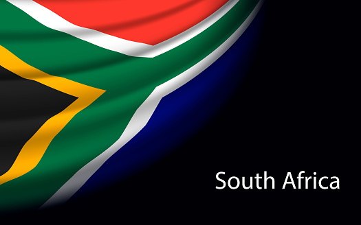 Wave flag of South Africa on dark background. Banner or ribbon vector template for independence day