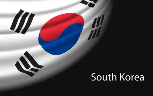 Vector illustration of Wave flag of South Korea on dark background. Banner or ribbon vector template