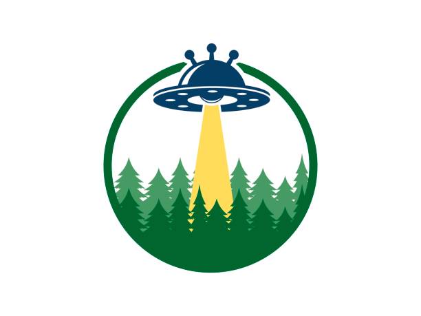 Circular shape with pine and UFO Circular shape with pine and UFO graphic t shirt stock illustrations
