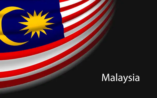 Vector illustration of Wave flag of Malaysia on dark background. Banner or ribbon vector template