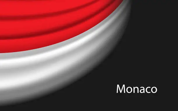 Vector illustration of Wave flag of Monaco on dark background. Banner or ribbon vector template