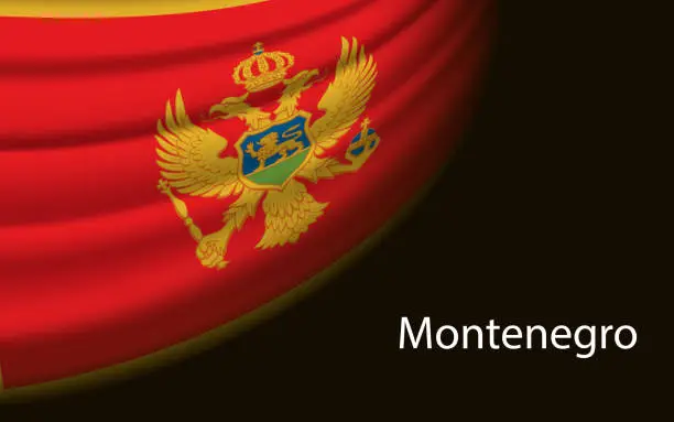 Vector illustration of Wave flag of Montenegro on dark background. Banner or ribbon vector template