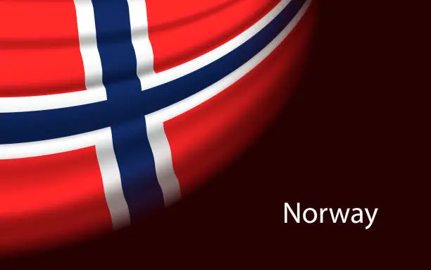 Vector illustration of Wave flag of Norway on dark background. Banner or ribbon vector template