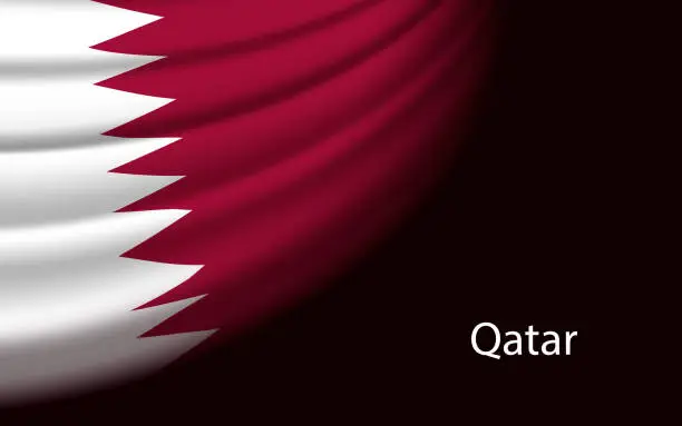 Vector illustration of Wave flag of Qatar on dark background. Banner or ribbon vector template
