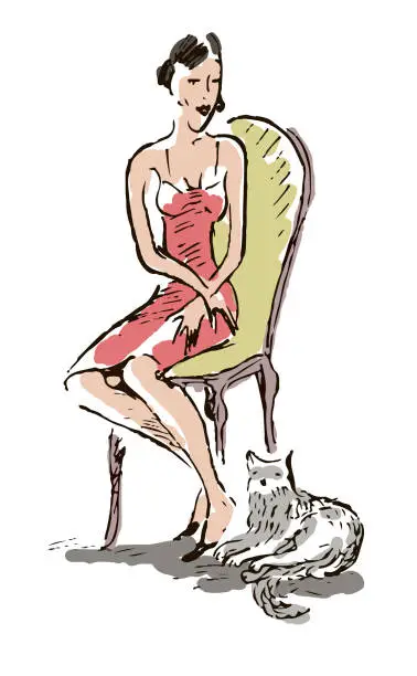 Vector illustration of Woman Sitting in Chair and a Cat on the Floor