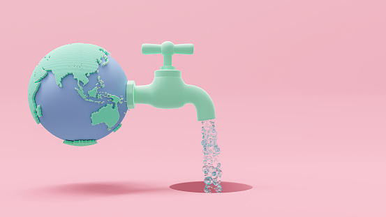 Water tap, Faucet from Earth globe green-blue pastel color on pink background. Water coming out of the faucet into the floor pipe below. Designed in minimal concept. 3D Render.