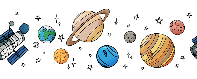 Seamless border space with solar system planets and space telescope. Cartoon vector illustration.