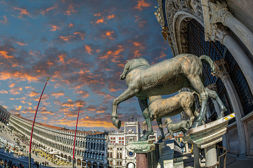 Venice: Fisheye view of St. Mark's Square from the balcony of St. Mark's Basilica with the replicas of St. Mark's horses in the foreground.