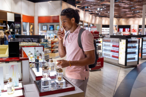 I Like the Smell of this One A side-view shot of a young man wearing casual clothing exploring a duty free shop in an airport in Toulouse, France before catching his flight. The man is smelling aftershave. duty free stock pictures, royalty-free photos & images