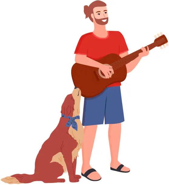 Vector illustration of Man playing guitar dog sings with him. Young guy resting after work, musician singing. Owner and pet