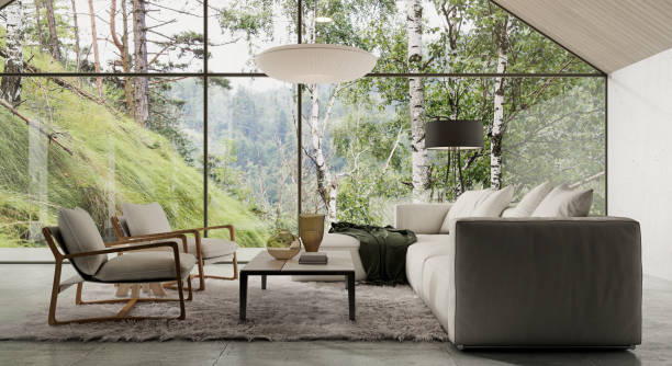istock Modern mountain home interior. Living room with big windows and beautiful view on birch forest. 1477430049