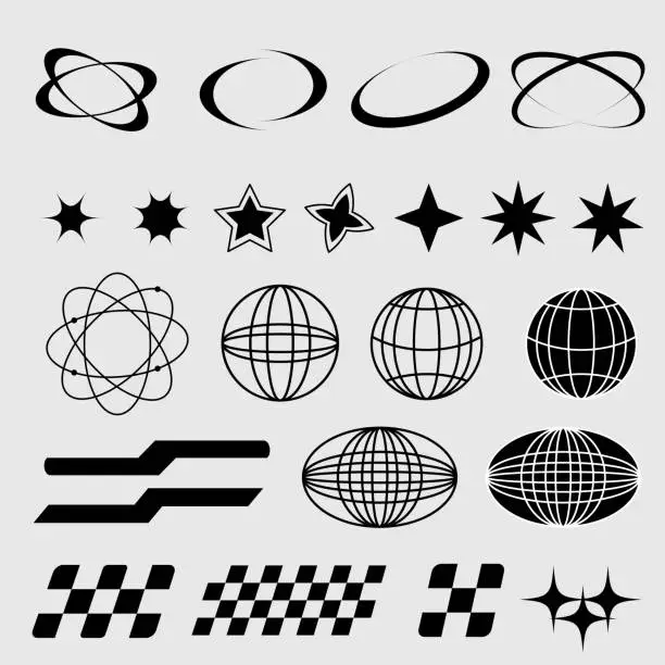 Vector illustration of Y2K black element Retro star icons, globe elements for posters and streetwear fashion design vector set