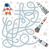 istock Space themed maze game with astronaut and rockets on white background. 1477430678