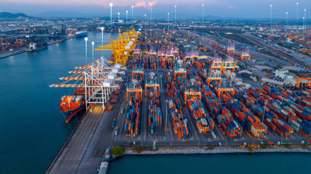 Chat AI bot. Ai tech for futurist automatic transportation logistics Cargo Shipping, business virtual graphic Global Internet line connect Chat with AI. hi technology in Ship port.