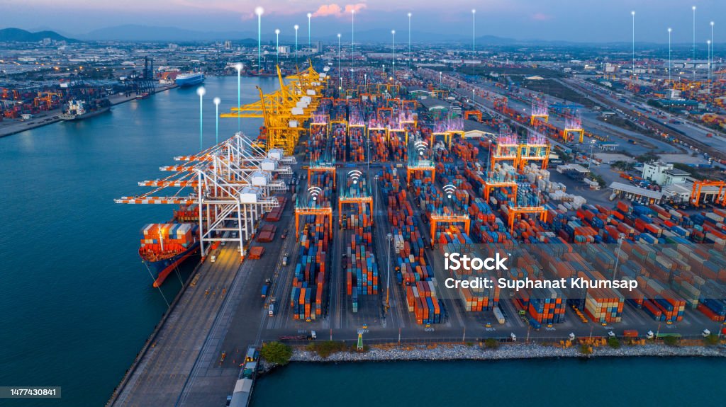 Chat AI bot. Ai tech for futurist automatic transportation logistics Cargo Shipping, business virtual graphic Global Internet line connect Chat with AI. hi technology in Ship port. Commercial Dock Stock Photo