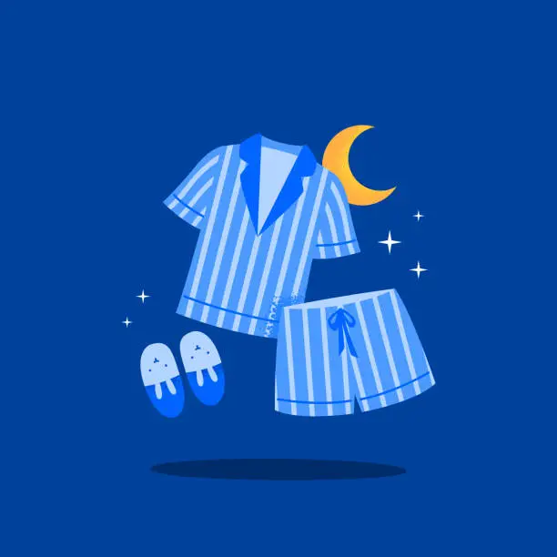 Vector illustration of Cute and comfortable pajamas for better sleep. Relaxation, healthy sleep concept. Vector flat illustration on the background.