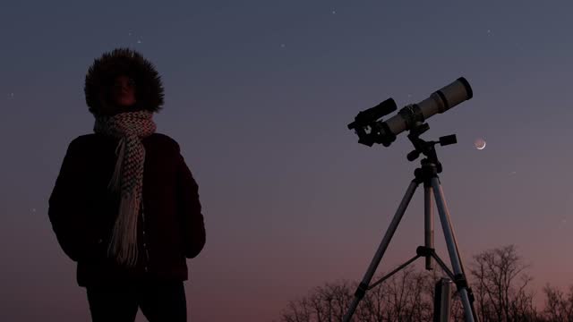 Woman with astronomy telescope looking at the night sky, stars, planets, Moon and shooting stars.