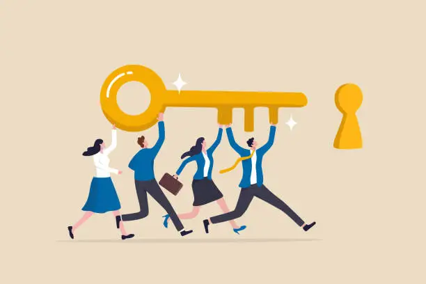 Vector illustration of Key to success, teamwork, people to help solve problem, career opportunity, unlock secret or discovery, motivation concept, business people team member help carry golden success key push into keyhole.