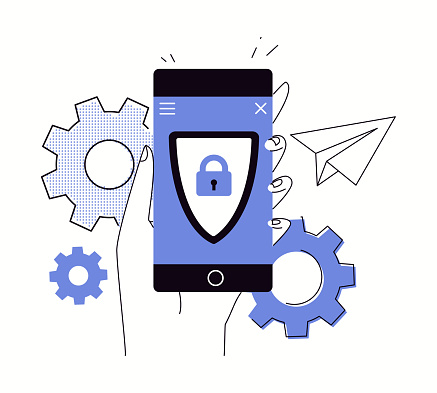 Mobile security, data protection and information privacy concept. Hand holds phone with shield and lock on screen of device. Vector flat cartoon illustration.