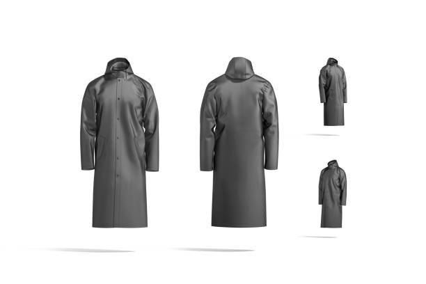 Blank black protective raincoat mockup, different views stock photo