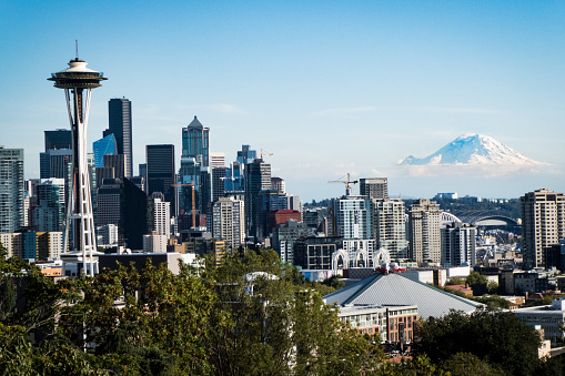 A view of Seattle with Mount Rainier in the background.