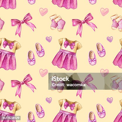 istock watercolor seamless pattern, baby girl dress and shoes, festive birthday background, childish nursery wallpaper 1477438129