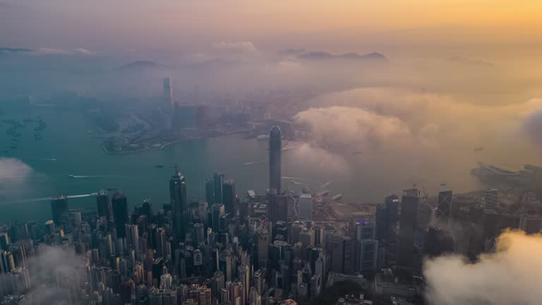 Aerial hyperlapse of Hong Kong urban skyline in sunrise