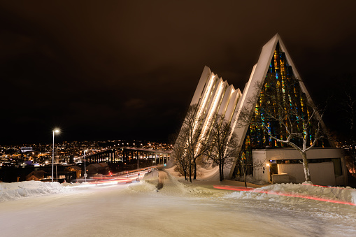 The arctic cathedral in Tromso at night