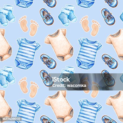 istock watercolor nursery seamless pattern, baby boy gender reveal, childish background, children clothes and boots. Retro wallpaper 1477439050