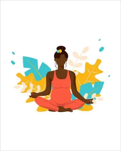 Vector illustration of A pregnant dark-skinned girl does yoga in front of plants. Banner, flyer, postcard, t-shirt printing. vector.
