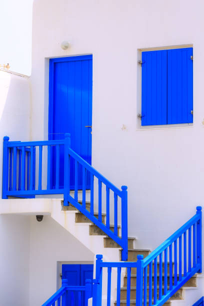 Greek traditional white and blue house close-up door and window view