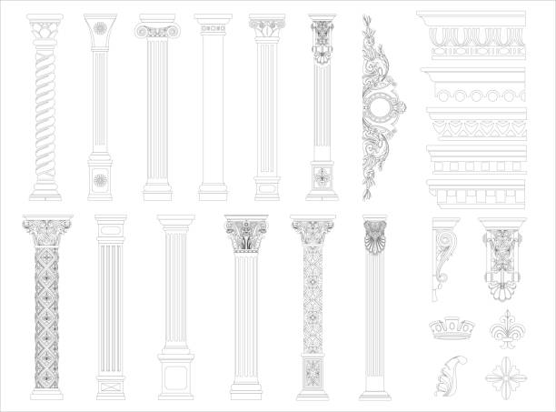 ilustrações, clipart, desenhos animados e ícones de conjunto de coloração de contorno de elementos de colunas clássicas - doric order