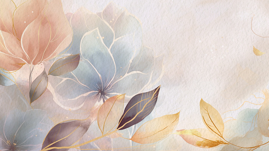 Abstract Floral Watercolor Background With Soft Paper Texture And Gold Line Art. Used For The Background of Invitations, Posters, Retro, Classic Design, Etc
