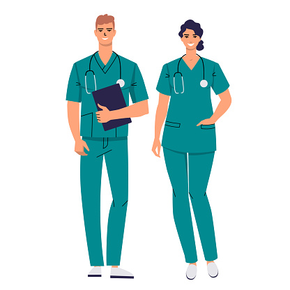 Couple of doctors. Nurse stands and keeps her hand in her pocket. Male nurse holding clipboard. Medical workers with a stethoscope and wearing scrubs. The characters are smiling. Flat vector isolated.