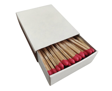 Wooden matches with red heads inside the box isolated on white, Clipping Path included.
