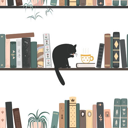 Seamless pattern of vintage books, hot drink mug, cat, and spider plant. Standing books wall background. Home library. Vector illustration.