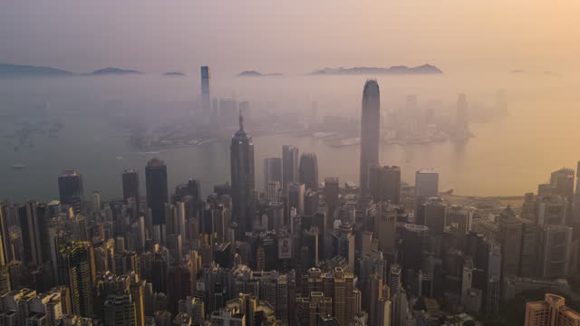 Hyperlapse of Hong Kong urban skyline in sunrise