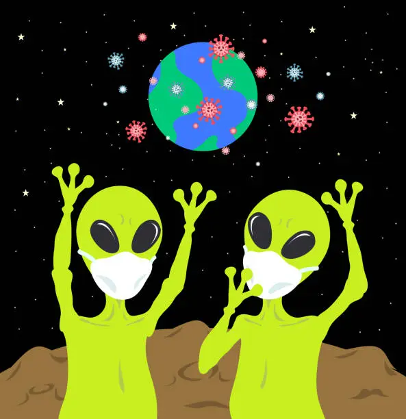 Vector illustration of [Vector] Covid-19 illustration 01 - masked aliens talking about polluted Earth in space