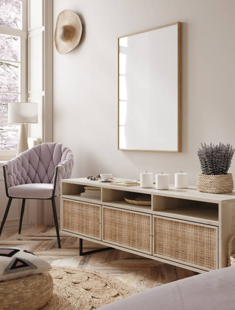 istock Mockup frame in interior background, room in light pastel colors, Scandi-Boho style 1477449399