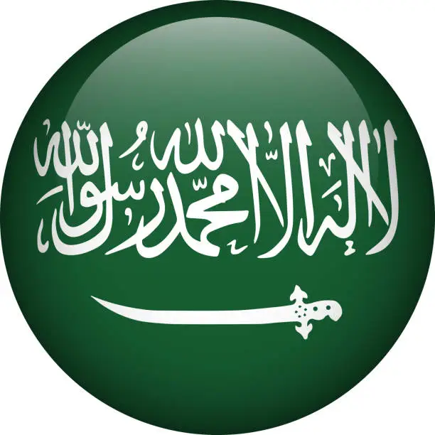 Vector illustration of Saudi Arabia flag button. Round flag of Saudi Arabia. Vector flag, symbol. Colors and proportion correctly.