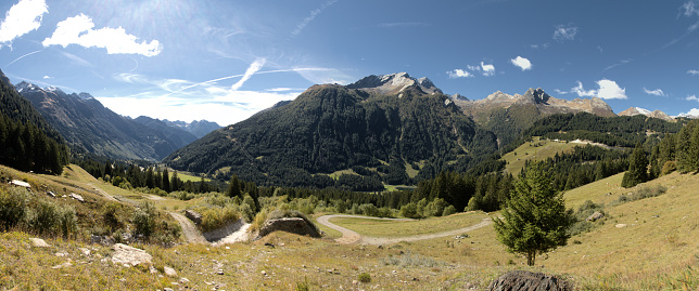 Mountainous backdrop of the Swiss Canton of Graubünden in Autumn sunshine
