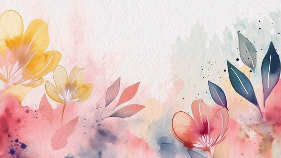 Abstract Floral Watercolor Background With Soft Paper Texture And Gold Line Art. Used For The Background of Invitations, Posters, Retro, Classic Design, Etc