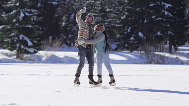 TS Couple taking selfies while ice skating on the frozen lake