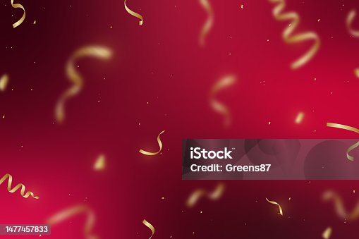 istock Modern golden foil falling on red background. Motion blur gradient. Luxury banner for web, social media, adversting, birthday party. 1477457833
